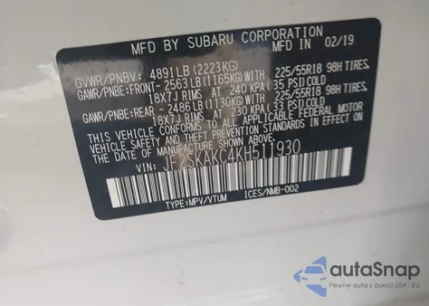 2019 Subaru Forester Sport z USA, uszkodzony, nr VIN JF2SKAKC4KH511930